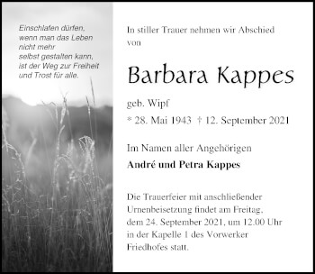 Traueranzeige von Barbara Kappes von Lübecker Nachrichten