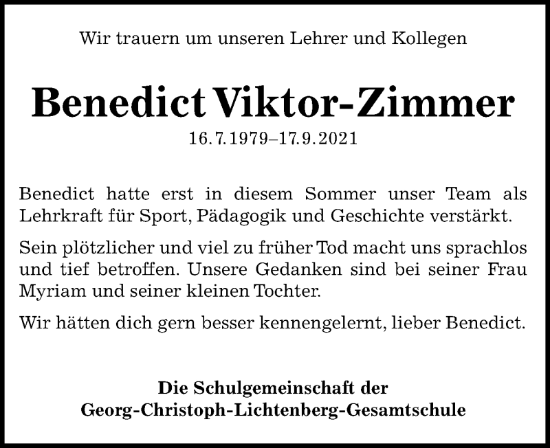  Traueranzeige für Benedict Viktor-Zimmer vom 25.09.2021 aus Göttinger Tageblatt