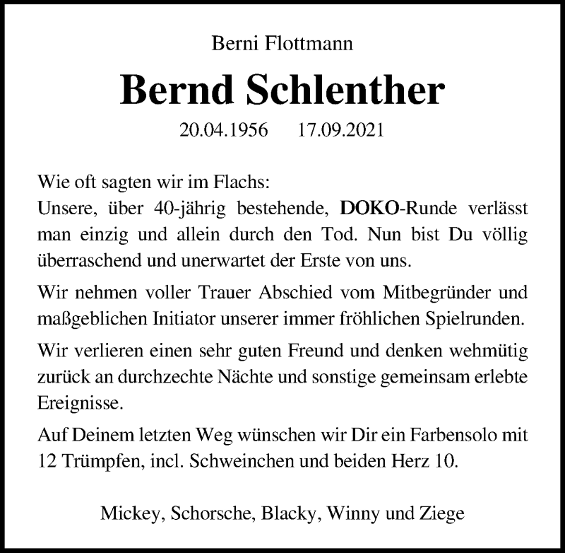  Traueranzeige für Bernd Schlenther vom 22.09.2021 aus Lübecker Nachrichten