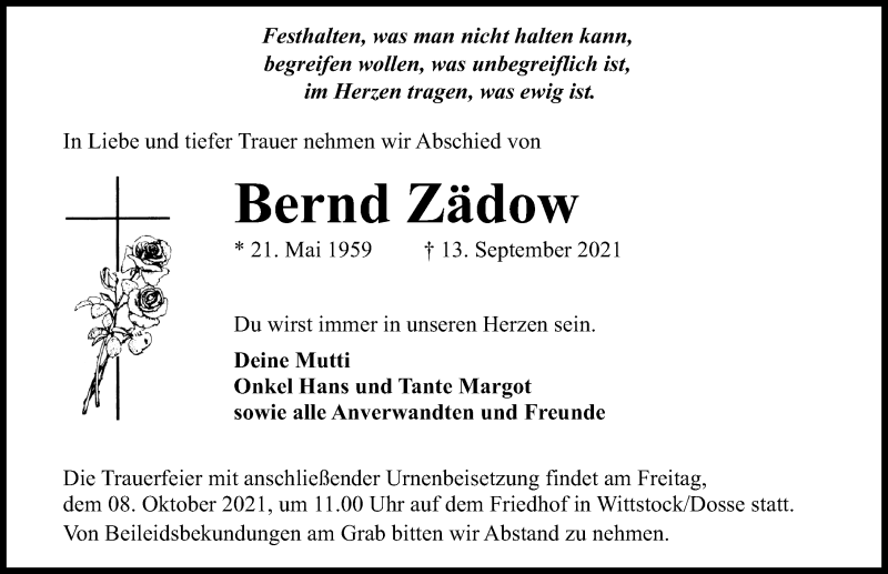  Traueranzeige für Bernd Zädow vom 25.09.2021 aus Märkischen Allgemeine Zeitung