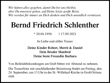 Traueranzeige von Bernd Friedrich Schlenther von Lübecker Nachrichten