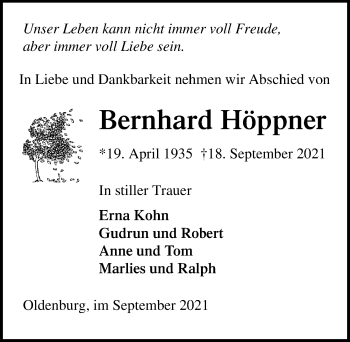 Traueranzeige von Bernhard Höppner von Lübecker Nachrichten