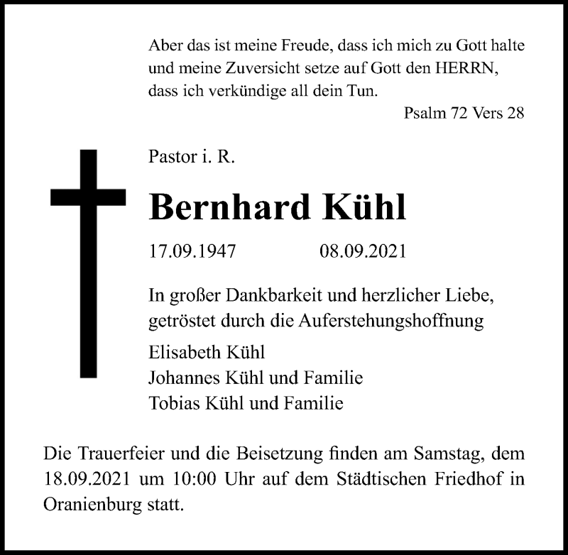 Traueranzeige für Bernhard Kühl vom 11.09.2021 aus Märkischen Allgemeine Zeitung
