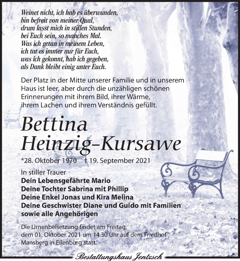  Traueranzeige für Bettina Heinzig-Kursawe vom 25.09.2021 aus Leipziger Volkszeitung