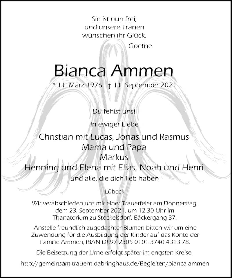  Traueranzeige für Bianca Ammen vom 19.09.2021 aus Lübecker Nachrichten