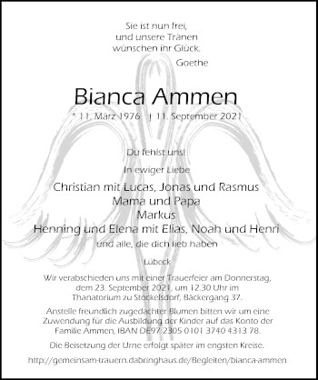 Traueranzeige von Bianca Ammen von Lübecker Nachrichten