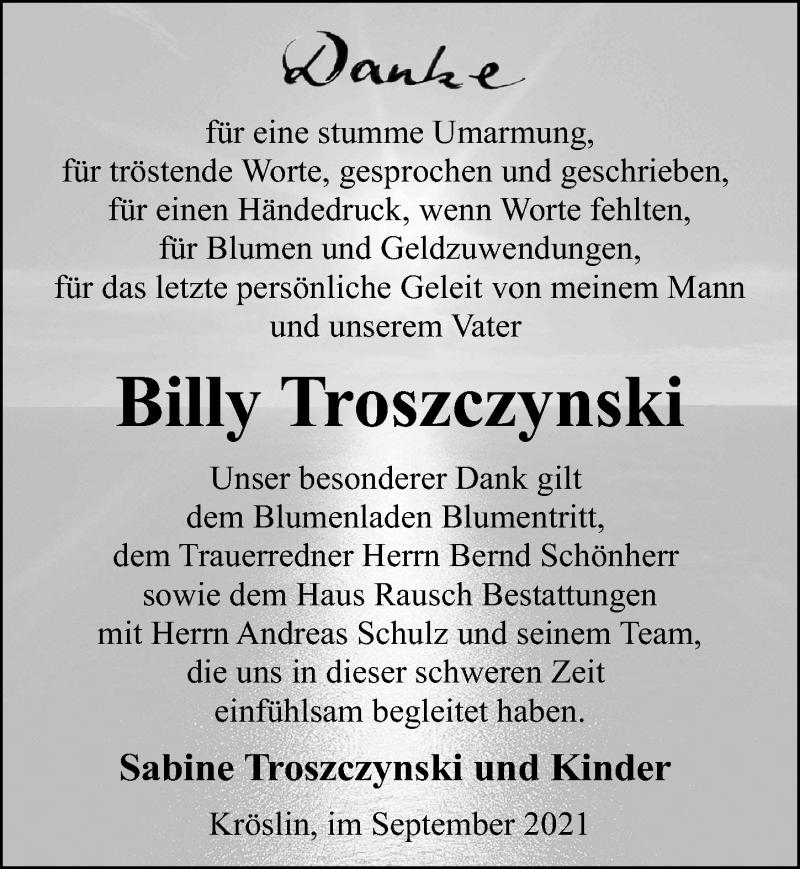 Traueranzeige für Billy Troszczynski vom 25.09.2021 aus Ostsee-Zeitung GmbH