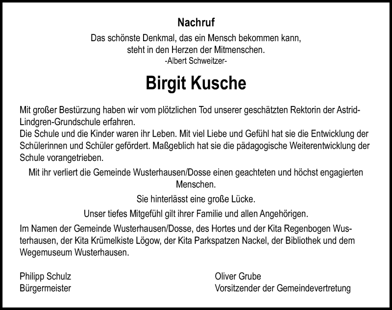  Traueranzeige für Birgit Kusche vom 11.09.2021 aus Märkischen Allgemeine Zeitung