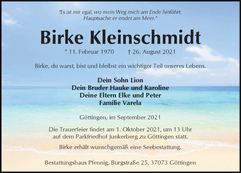  Traueranzeige für Birke Kleinschmidt vom 25.09.2021 aus Göttinger Tageblatt