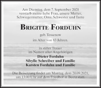 Traueranzeige von Brigitte Forduhn von Märkischen Allgemeine Zeitung