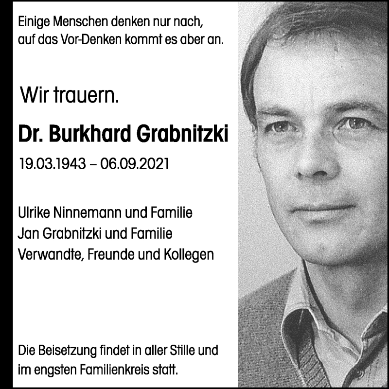  Traueranzeige für Burkhard Grabnitzki vom 25.09.2021 aus Ostsee-Zeitung GmbH