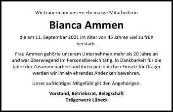 Traueranzeige von Bianca Ammen von Lübecker Nachrichten