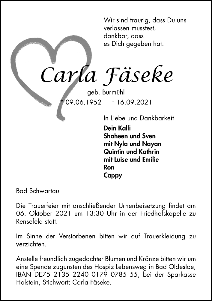  Traueranzeige für Carla Fäseke vom 26.09.2021 aus Lübecker Nachrichten