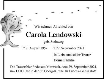 Traueranzeige von Carola Lendowski von Lübecker Nachrichten
