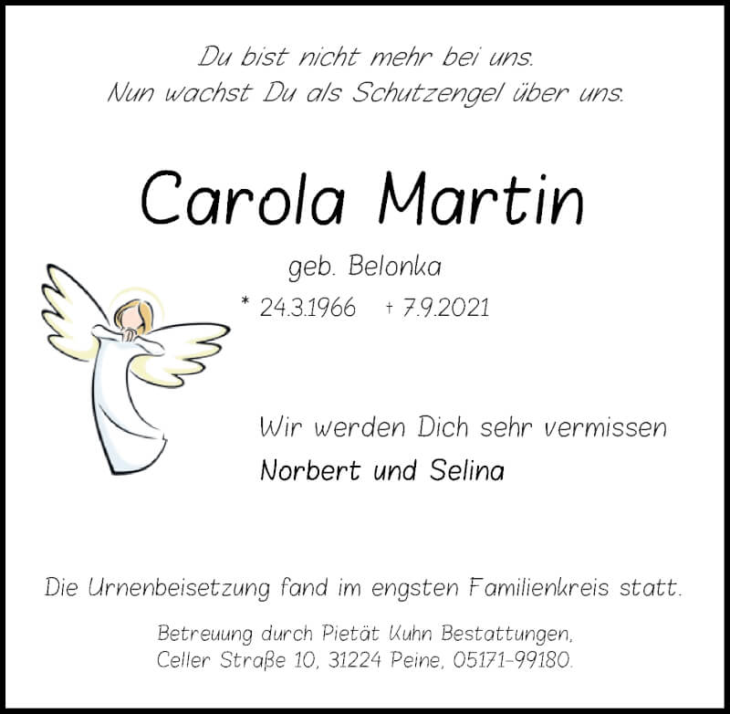  Traueranzeige für Carola Martin vom 18.09.2021 aus Peiner Allgemeine Zeitung