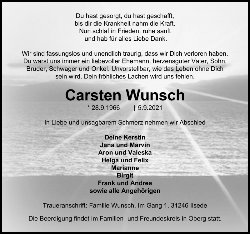  Traueranzeige für Carsten Wunsch vom 11.09.2021 aus Peiner Allgemeine Zeitung