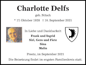 Traueranzeige von Charlotte Delfs von Kieler Nachrichten