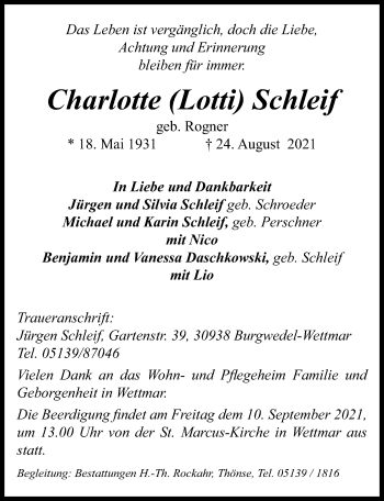 Traueranzeige von Charlotte Schleif von Hannoversche Allgemeine Zeitung/Neue Presse