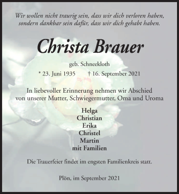 Traueranzeige von Christa Brauer von Kieler Nachrichten