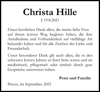 Traueranzeige von Christa Hille von Kieler Nachrichten