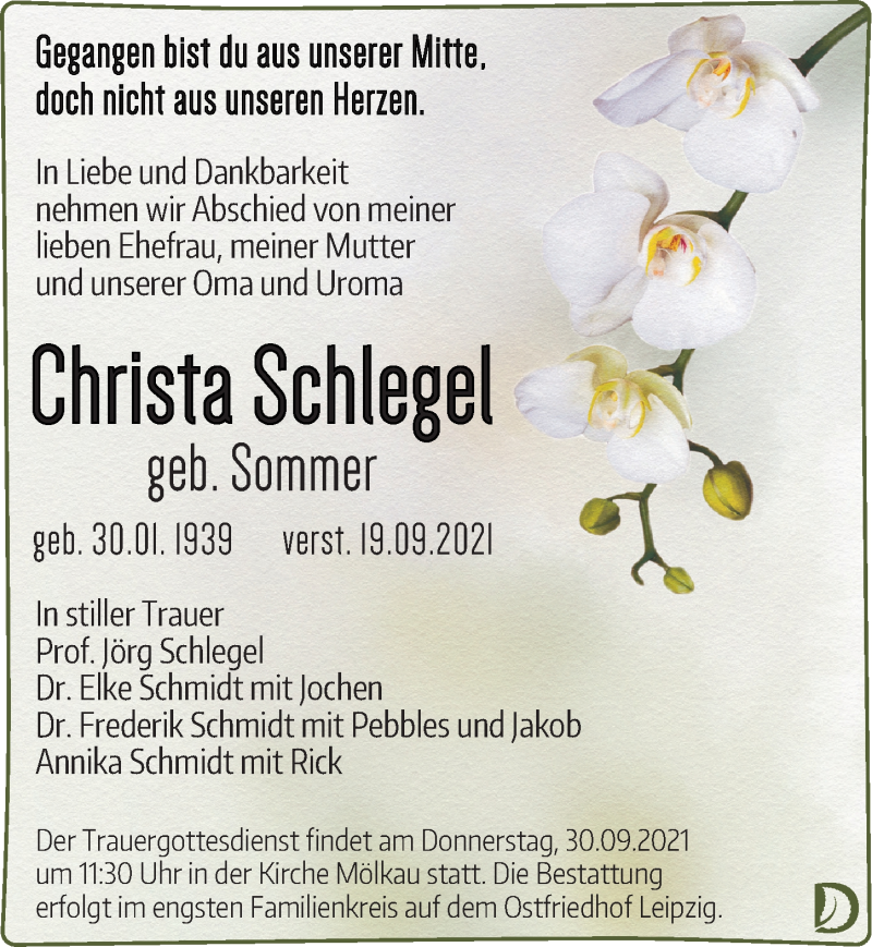  Traueranzeige für Christa Schlegel vom 25.09.2021 aus Leipziger Volkszeitung