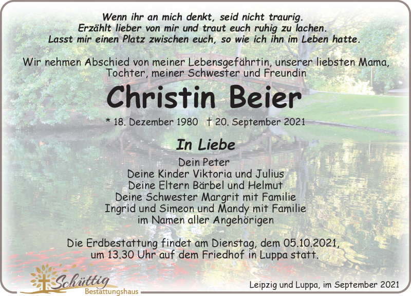  Traueranzeige für Christin Beier vom 25.09.2021 aus Leipziger Volkszeitung
