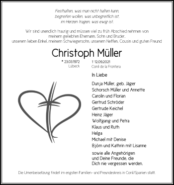 Traueranzeige von Christoph Müller von Lübecker Nachrichten