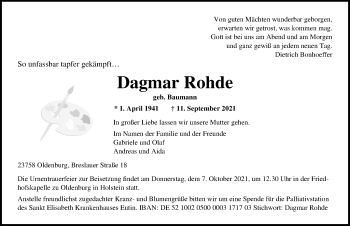 Traueranzeige von Dagmar Rohde von Lübecker Nachrichten
