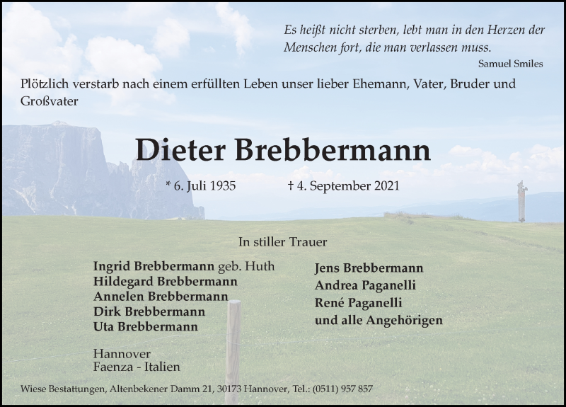  Traueranzeige für Dieter Brebbermann vom 11.09.2021 aus Hannoversche Allgemeine Zeitung/Neue Presse