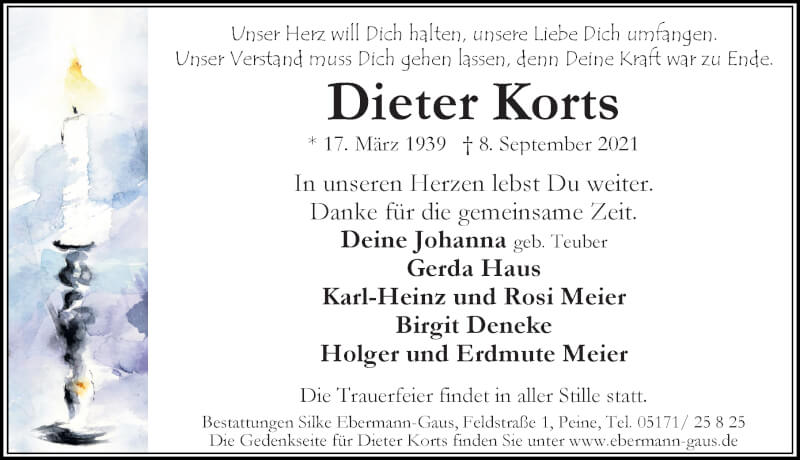  Traueranzeige für Dieter Korts vom 18.09.2021 aus Peiner Allgemeine Zeitung
