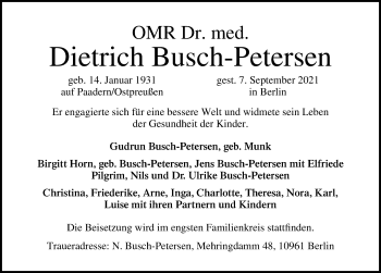 Traueranzeige von Dietrich Busch-Petersen von Ostsee-Zeitung GmbH