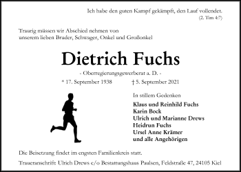 Traueranzeige von Dietrich Fuchs von Kieler Nachrichten