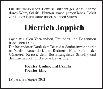 Traueranzeige von Dietrich Joppich von Märkischen Allgemeine Zeitung