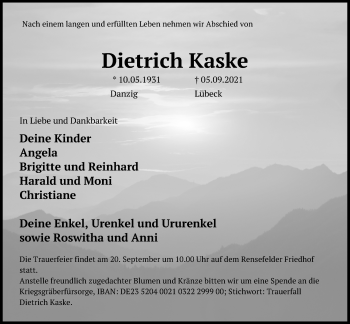 Traueranzeige von Dietrich Kaske von Lübecker Nachrichten
