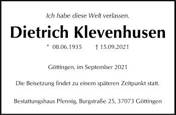 Traueranzeige von Dietrich Klevenhusen von Göttinger Tageblatt