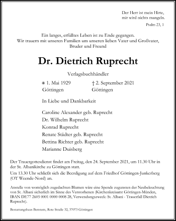 Traueranzeige von Dietrich Ruprecht von Göttinger Tageblatt