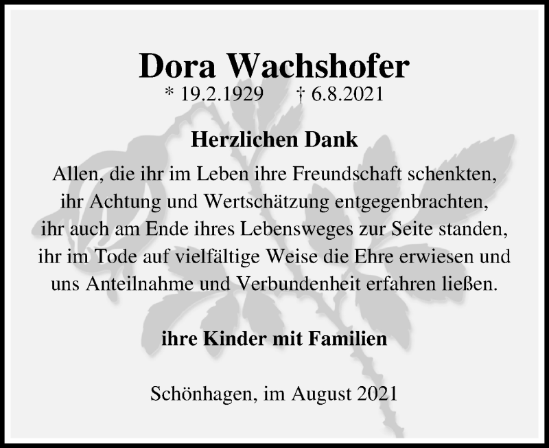  Traueranzeige für Dora Wachshofer vom 04.09.2021 aus Märkischen Allgemeine Zeitung