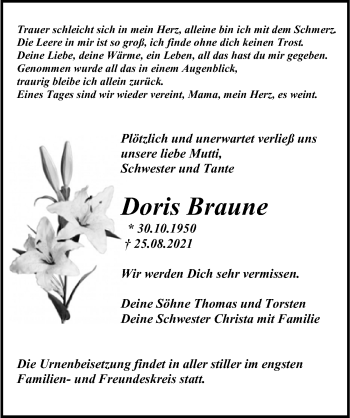 Traueranzeige von Doris Braune von Märkischen Allgemeine Zeitung