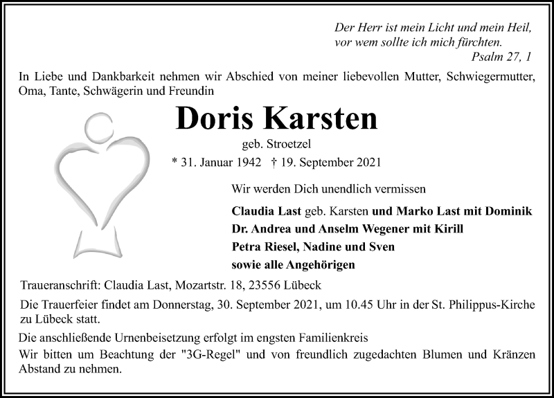 Traueranzeige für Doris Karsten vom 26.09.2021 aus Lübecker Nachrichten