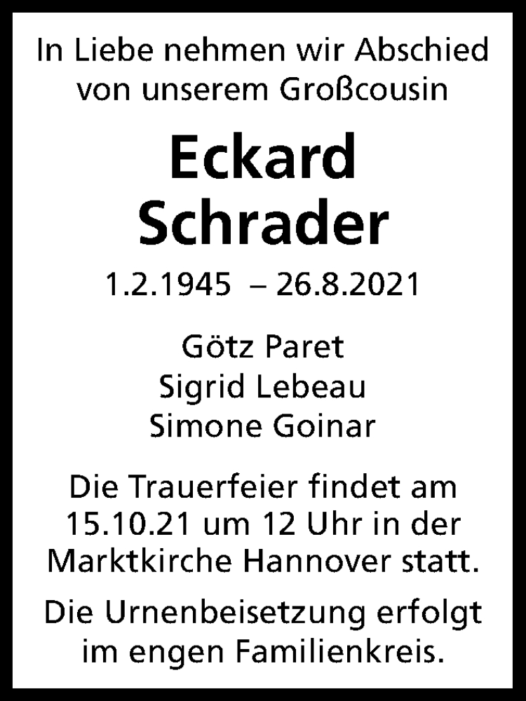  Traueranzeige für Eckard Schrader vom 25.09.2021 aus Hannoversche Allgemeine Zeitung/Neue Presse