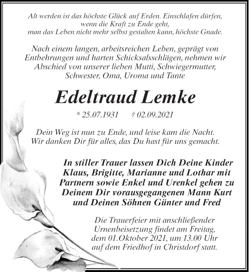  Traueranzeige für Edeltraud Lemke vom 18.09.2021 aus Märkischen Allgemeine Zeitung