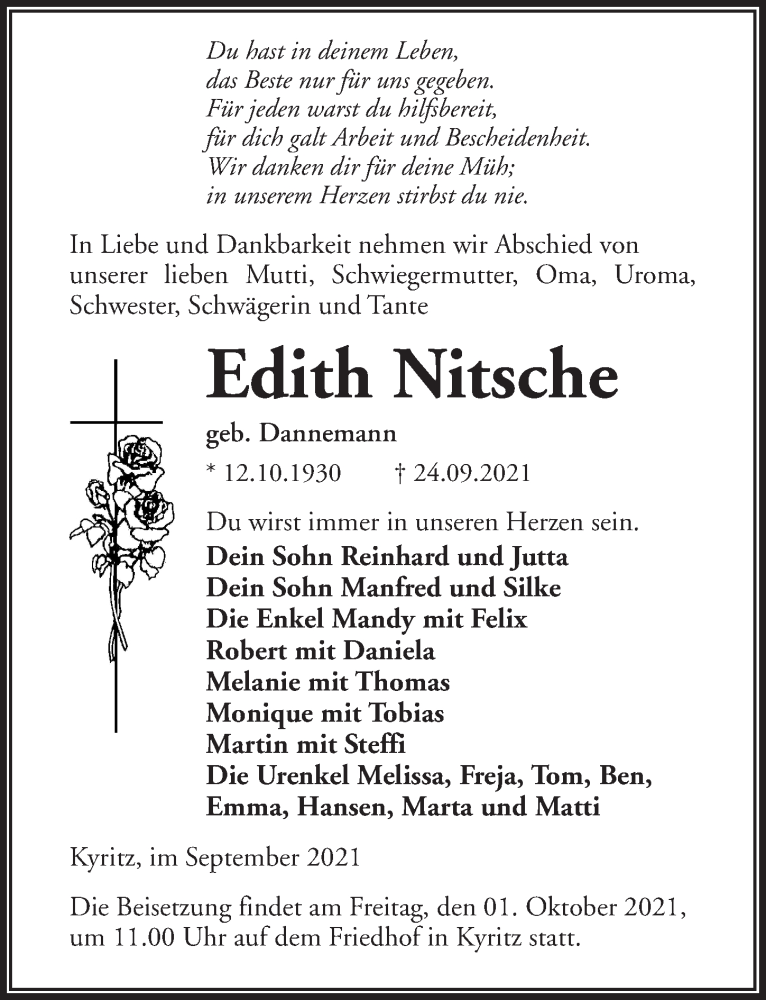  Traueranzeige für Edith Nitsche vom 29.09.2021 aus Märkischen Allgemeine Zeitung