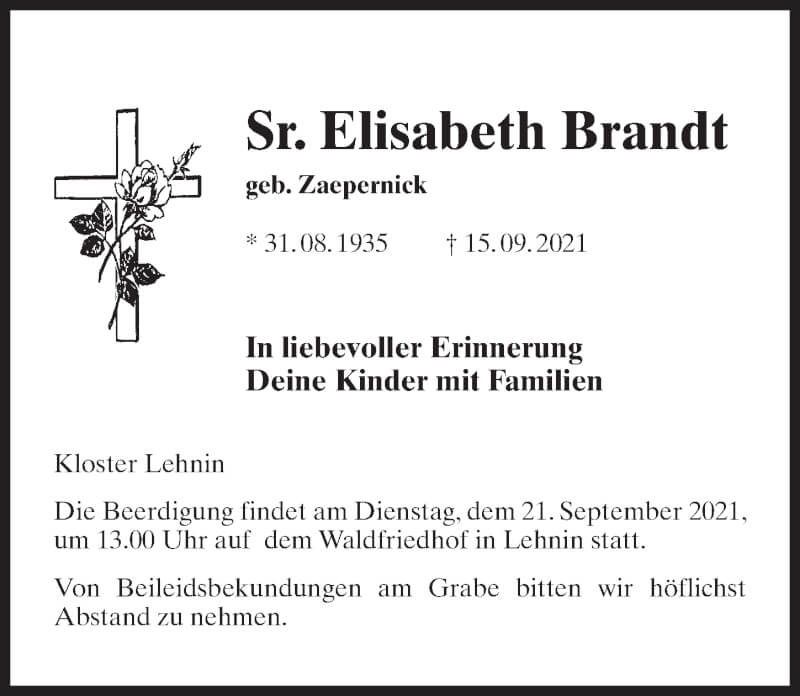  Traueranzeige für Elisabeth Brandt vom 18.09.2021 aus Märkischen Allgemeine Zeitung