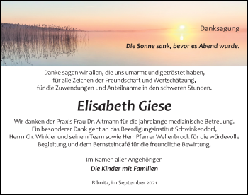 Traueranzeige von Elisabeth Giese von Ostsee-Zeitung GmbH