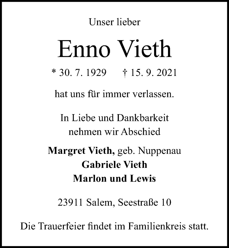  Traueranzeige für Enno Vieth vom 25.09.2021 aus Lübecker Nachrichten