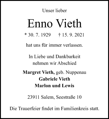 Traueranzeige von Enno Vieth von Lübecker Nachrichten