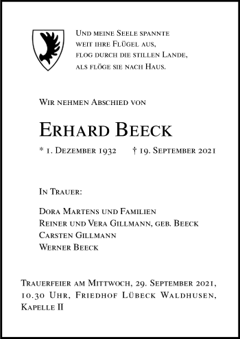 Traueranzeige von Erhard Beeck von Lübecker Nachrichten