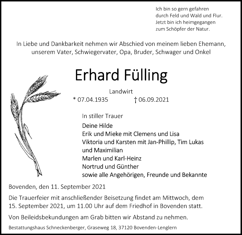  Traueranzeige für Erhard Fülling vom 11.09.2021 aus Göttinger Tageblatt