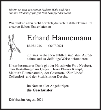 Traueranzeige von Erhard Hannemann von Märkischen Allgemeine Zeitung