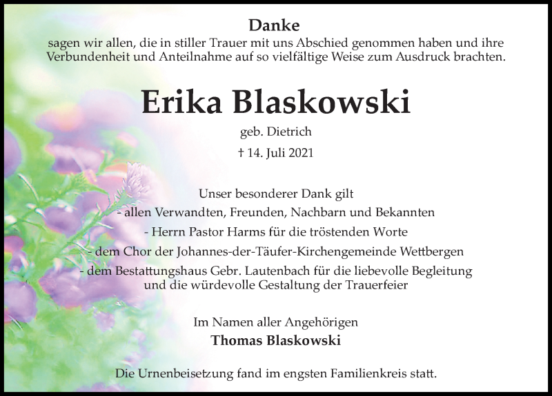  Traueranzeige für Erika Blaskowski vom 11.09.2021 aus Hannoversche Allgemeine Zeitung/Neue Presse